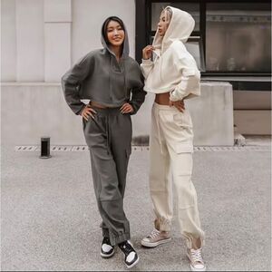 Micas V-neck Long‎ Sleeve Pocket Hooded Sweatshirt And Sweatpants Set Gray S
